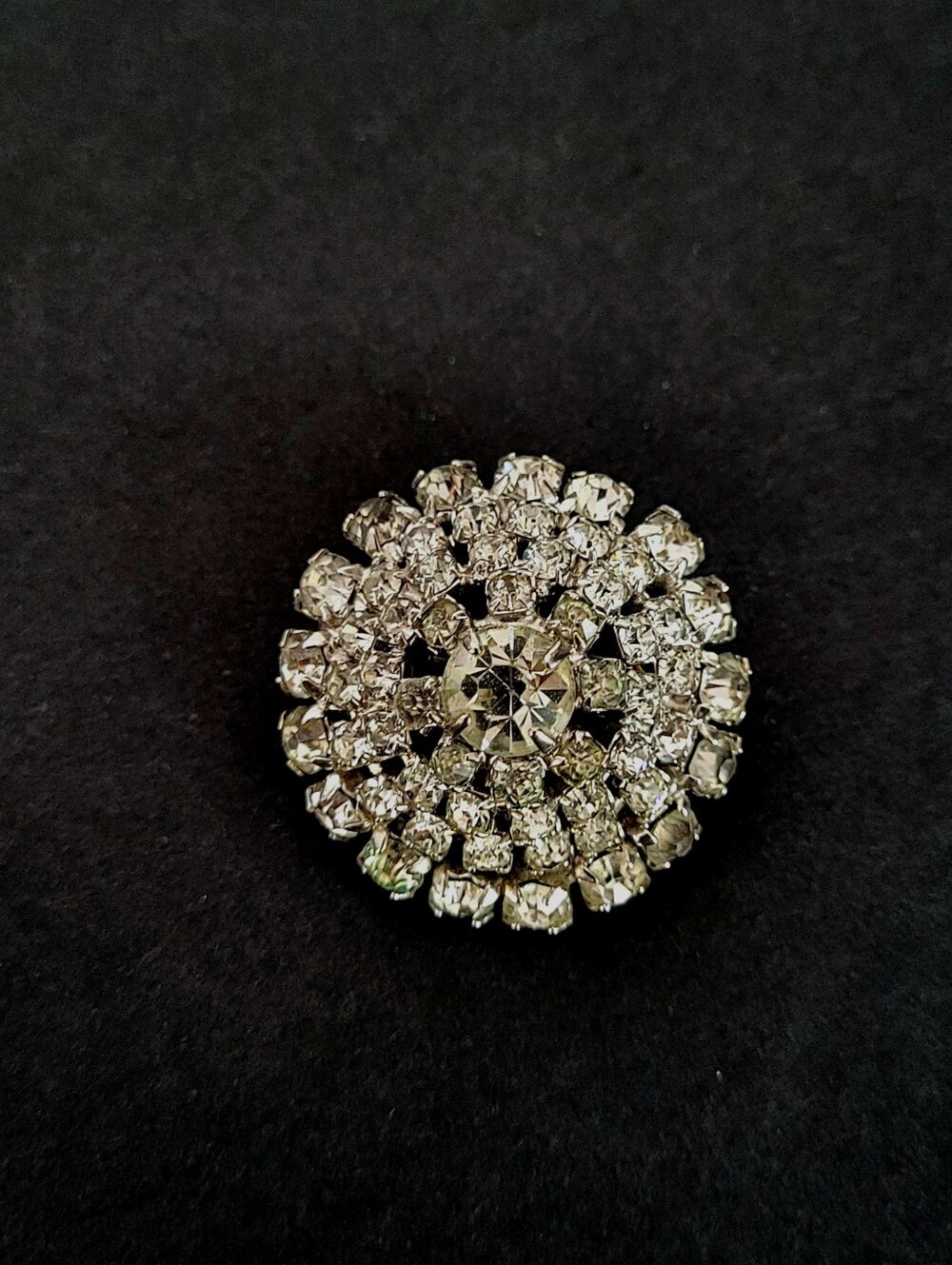 Vintage Crystal Cluster Round Brooch - Silver Tone